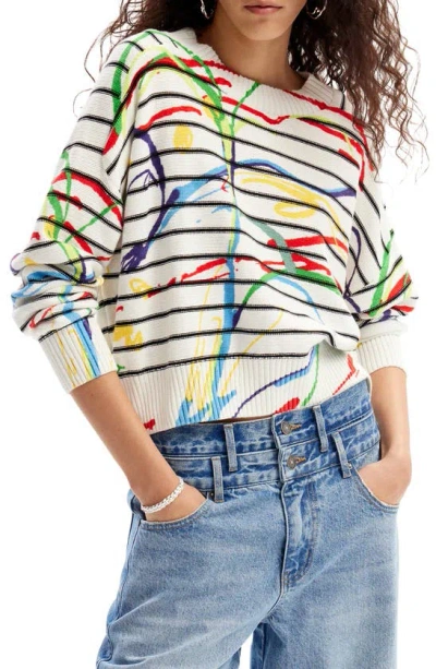 Desigual Jers Trazis Stripe Sweater In White