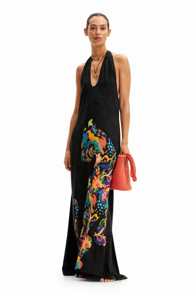 Desigual Jungle Design Maxi Halter Neck Dress In Black | ModeSens