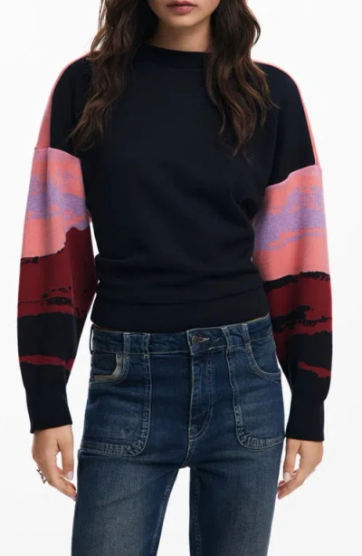 Desigual Karla Print Crop Sweater In Black