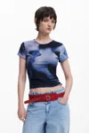 Desigual Abstract Floral Rib Top In Blue