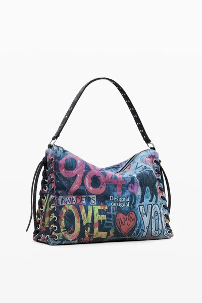 Desigual グラフィティデニムバッグl In Material Finishes