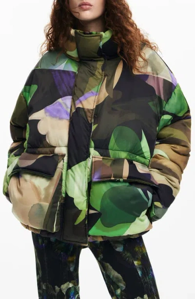 Desigual Lacroiz Aalborg Abstract Print Puffer Jacket In Green
