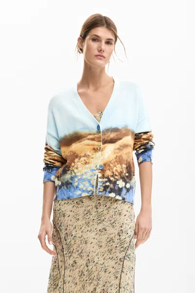 Desigual Landscape Cardigan Sweater In Blue