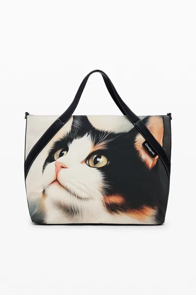 Desigual Large Cat Shopper Bag In Black