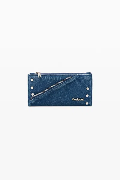 Desigual Large Denim Wallet 100% Cotton In Blue
