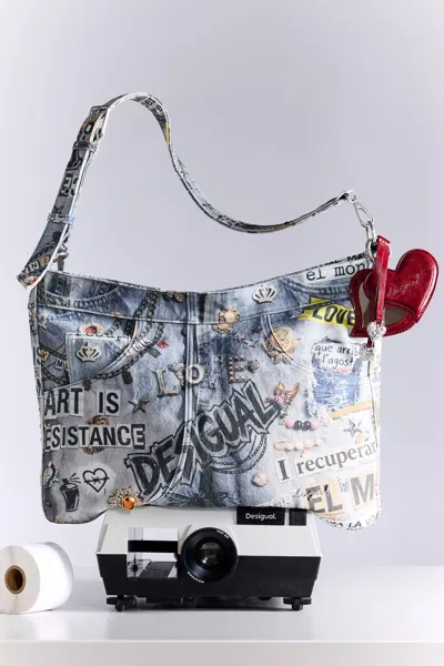 Desigual Large Embroidered Bag In Blue