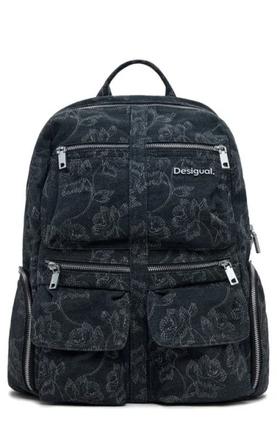 Desigual Large Embroidered Denim Backpack In Orange