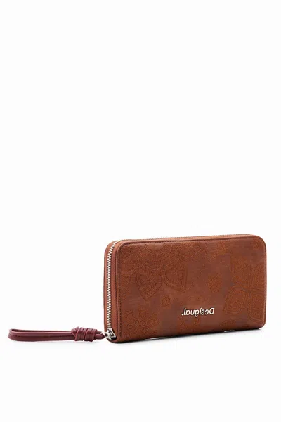 Desigual Large Floral Embroidery Wallet In Brown