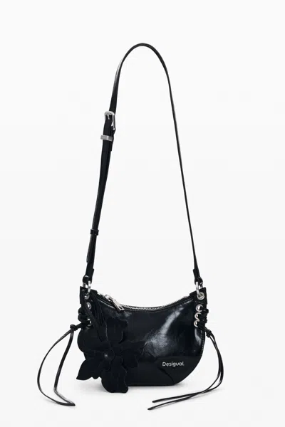Desigual Large Flower Crossbody Wallet In Black
