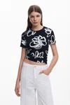 Desigual Floral Print Crop T-shirt In Black