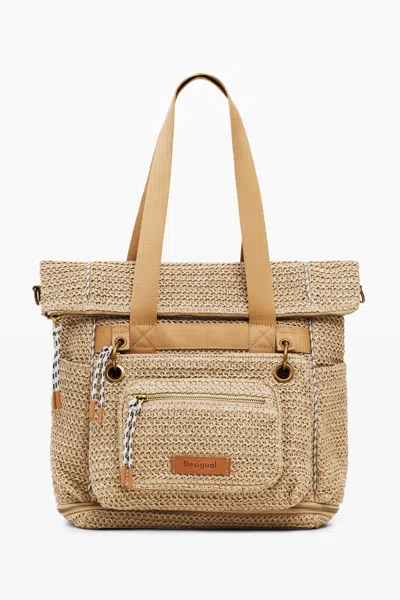 Desigual Large Modular Raffia Backpack In Brown