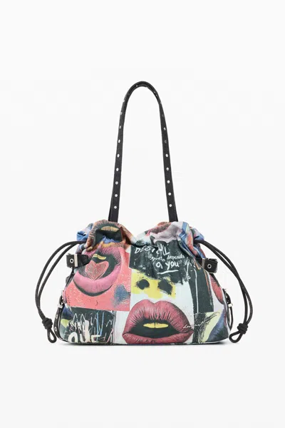 Desigual Large Printed Shopping Bag 100% Cotton In Blue