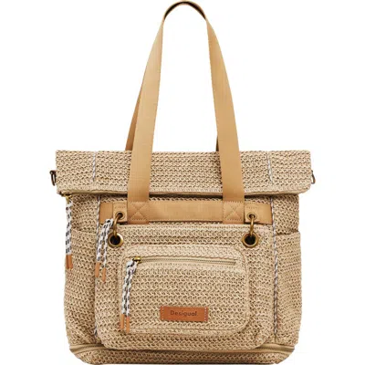 Desigual Large Raffia Backpack In Brown