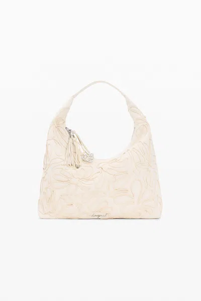 Desigual Large Raffia Flower Bag In White