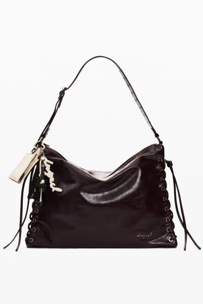 Desigual Large Shiny Woven Bag In Brown