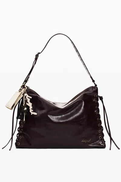 Desigual Large Shiny Woven Bag In Brown