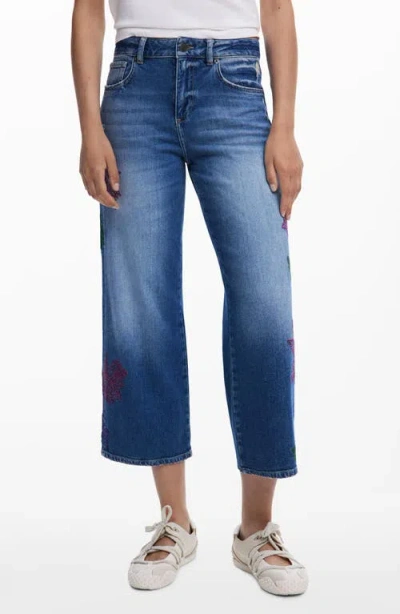 Desigual Leaf Embroidered Crop Wide Leg Jeans In Multi