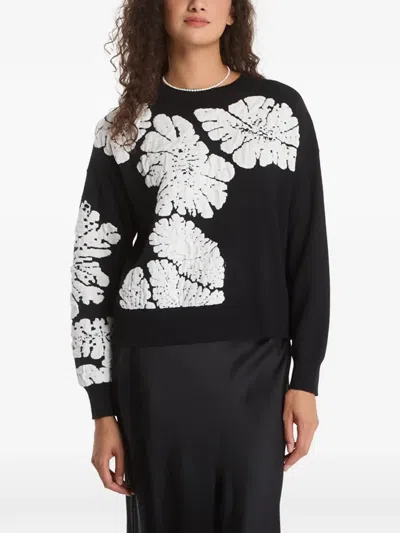 Desigual Leaf-intarsia Crew-neck Sweater In Black