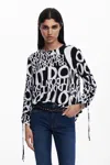 Desigual Letter Print Blouse With Bows In Black