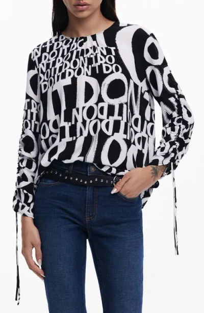 Desigual Lettering Ruched Sleeve Top In Black