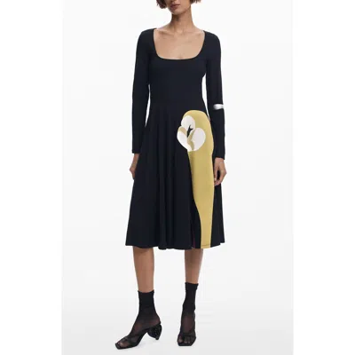 Desigual Lily Long Sleeve Jersey Midi Dress In Black
