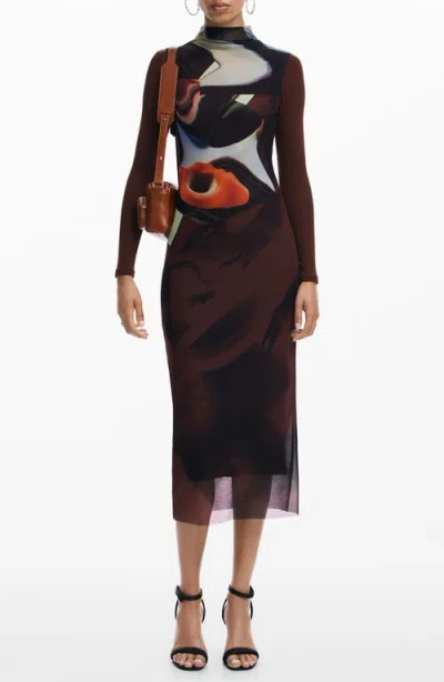 Desigual Lincoln Long Sleeve Rib Bodycon Dress In Multi In Brown