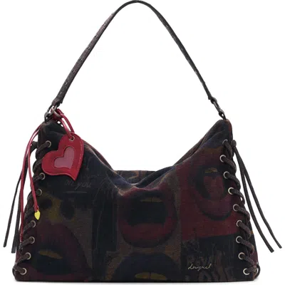 Desigual Lip Print Lace-up Shoulder Bag In Multi