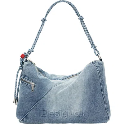 Desigual Logo Embossed Denim Shoulder Bag In Blue