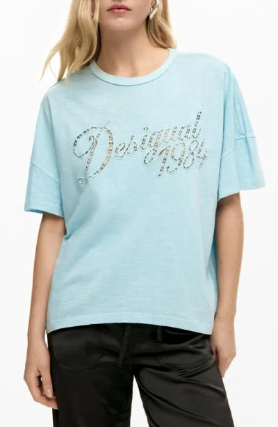 Desigual Logo Eyelet Cotton Graphic T-shirt In Blue