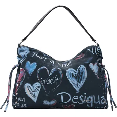 Desigual Logo Print Canvas Shoulder Bag In Black