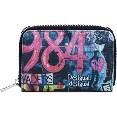 Desigual Logo Print Small Zip Around Wallet In Blue