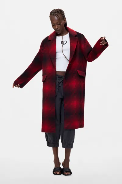 Desigual Long Checkered Coat In Red