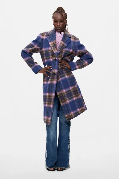 Desigual Long Checkered Coat In Blue