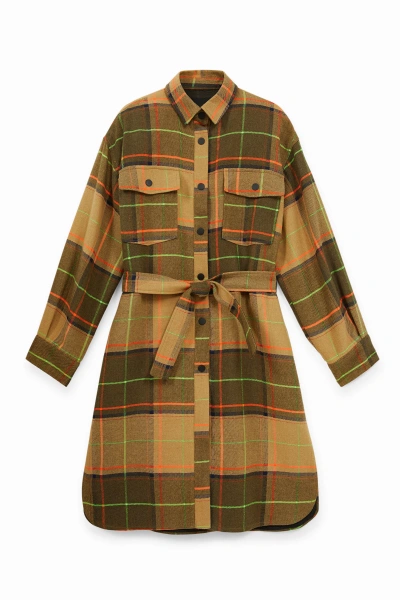 Desigual Long Coat Tartan In Brown