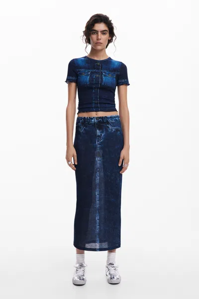 Desigual Long Denim Skirt In Blue