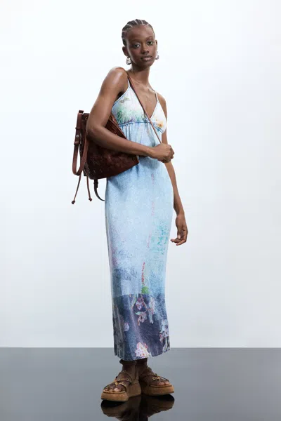 Desigual Long Denim Strappy Dress In Blue
