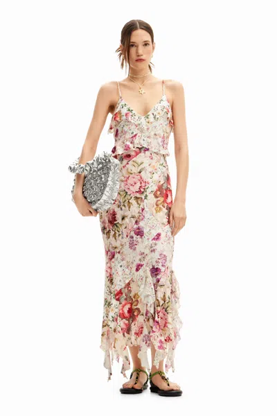 Desigual Long Dress With Floral Print And Ruffles. In Material Finishes