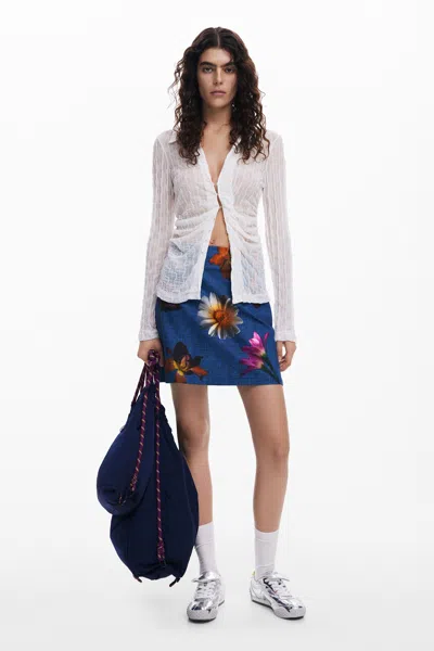 Desigual Long Embroidered Skirt In Blue