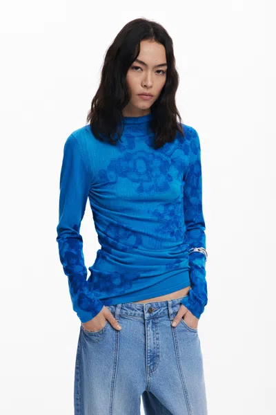 Desigual Long Fine Watercolor Sweater In Blue