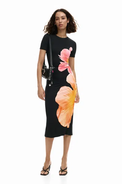 Desigual Floral Midi Dress In Black