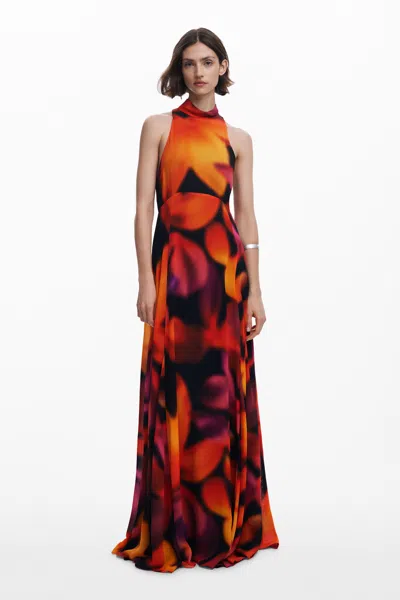 Desigual Long Halter Floral Dress In Material Finishes