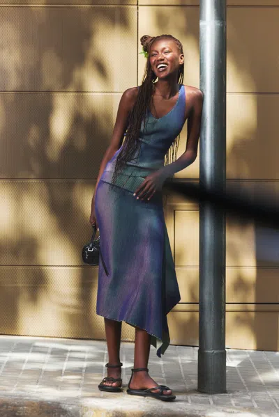 Desigual Long Iridescent Knit Skirt In Blue