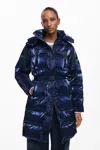 Desigual Long Iridescent Padded Coat In Blue