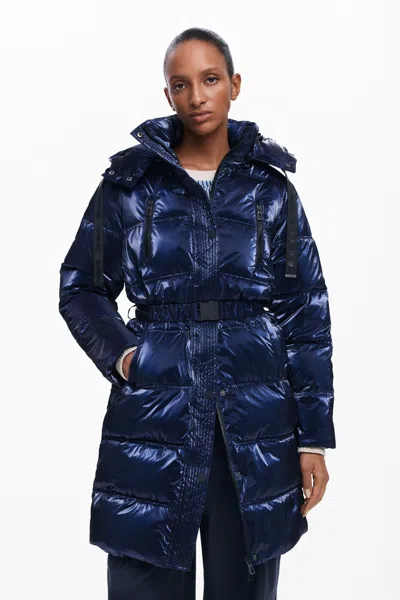 Desigual Long Iridescent Padded Coat In Blue
