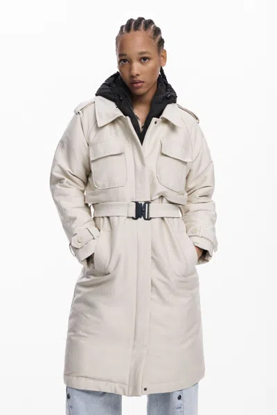 Desigual Long Lightweight Padded Coat In Neutral