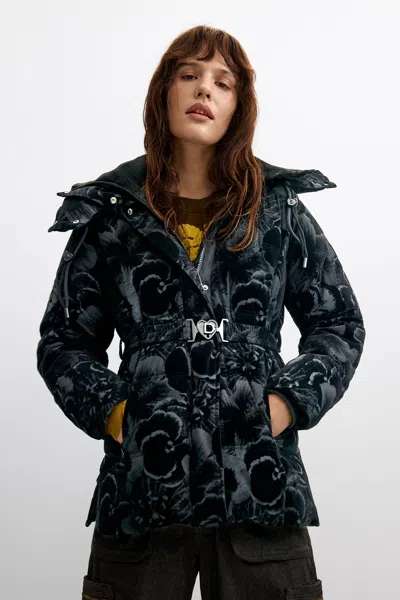 Desigual Long Padded Coat In Blue