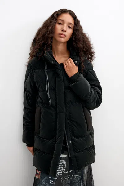 Desigual Long Padded Coat In Black