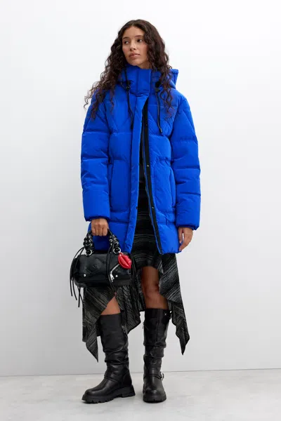 Desigual Long Padded Coat In Blue