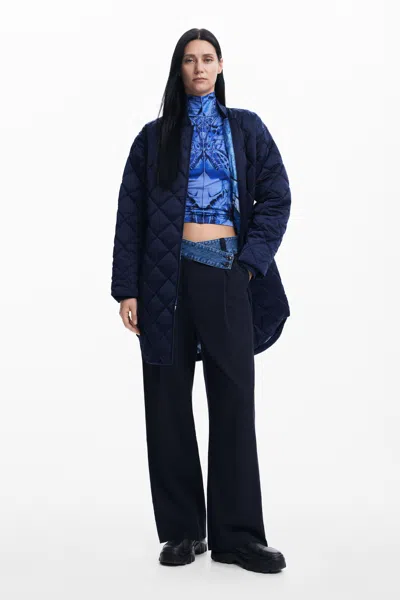 Desigual Long Padded Coat In Blue