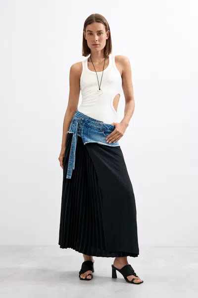 Desigual Long Pleated Denim Skirt In Black